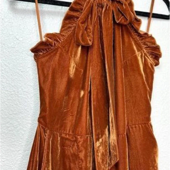 Anthropologie Kristinit Velvet Jumpsuit Rust Orange Brown Copper Ruffle Halter L - Picture 5 of 6